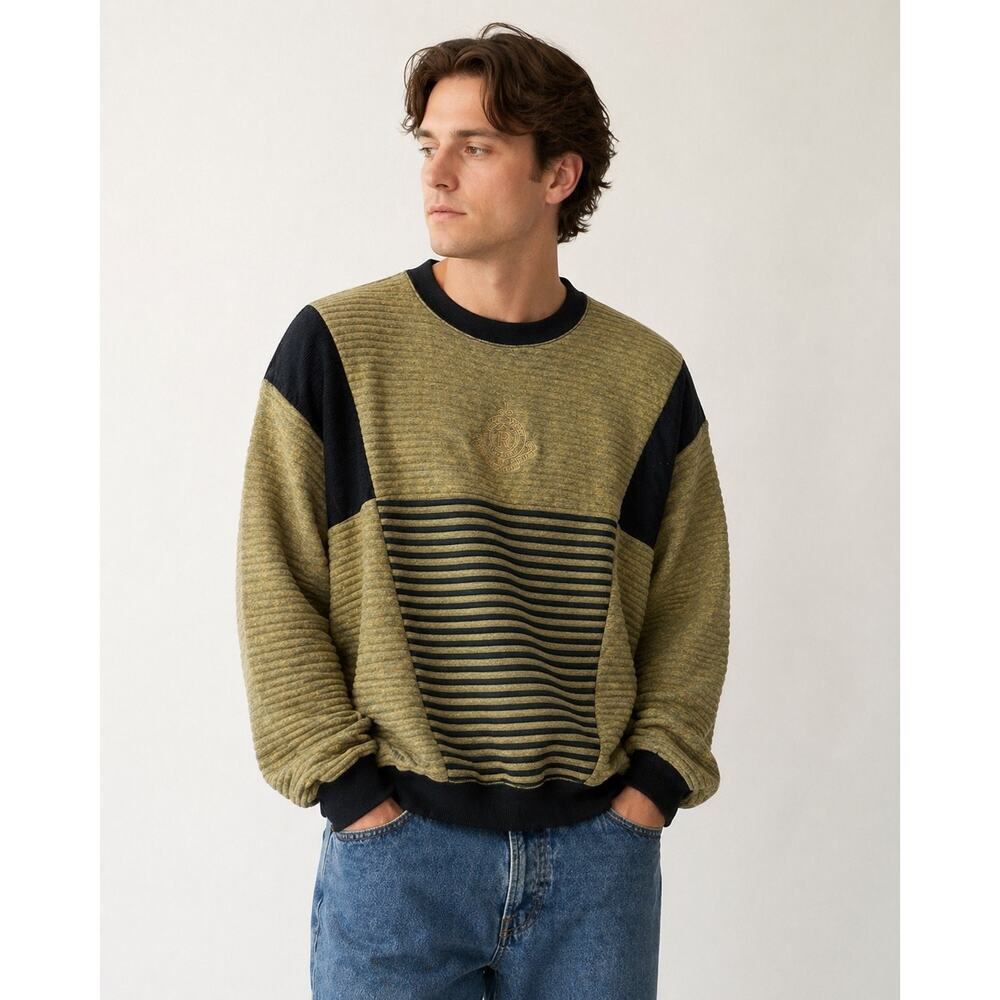 Riccardo Vintage Textured Sweatshirt Medium Green Blk Colorblock Crewneck Retro